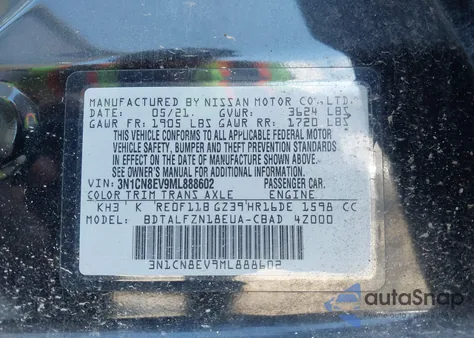 2021 Nissan Versa Sv Xtronic Cvt z USA, uszkodzony, nr VIN 3N1CN8EV9ML888602